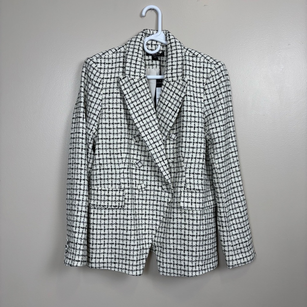 Renuar Blazer Womens 8 Cream Black Plaid Double‎ Breasted Button Front Jacket